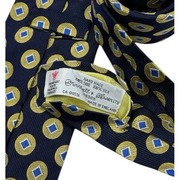 TURNBULL & ASSER Men's Silk Necktie LUXURY Navy Yellow Medallion W:3.6" EUC - Picture 2 of 4
